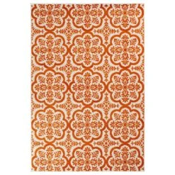 Central Oriental Terrace Tropic Contoy 7'10" X 9'10" Snow And Tangerine Area Rug