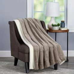 Timberlake Lavish Home Faux Rabbit Fur Jacquard Throw In Coffee