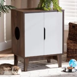 Baxton Studio Romy 2-Door Litter Box Cover House In Walnut Brown And White -Home Decoration Series 55646335 10