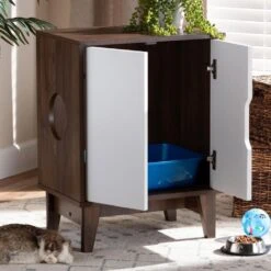 Baxton Studio Romy 2-Door Litter Box Cover House In Walnut Brown And White -Home Decoration Series 55646335 9