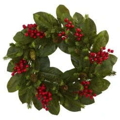 Nearly Natural, Inc. Nearly Natural Inc 24" Magnolia Leaf, Berry And Pine Artificial Wreath
