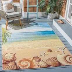 Safavieh Barbados Tropical Beach Seashell 3'3" X 5' Gold And Blue Indoor/Outdoor Area Rug -Home Decoration Series 5606449 3