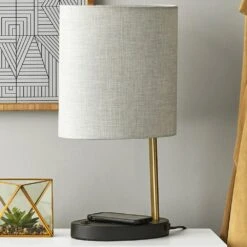 Adesso Curtis Charging Table Lamp In Black And Antique Brass