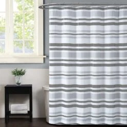 Pem America Truly Soft Curtis Shower Curtain In White And Grey