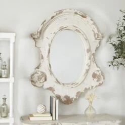 Maple And Jade 35" X 43" Oval Wall Mirror In Distressed White -Home Decoration Series 58625054 6