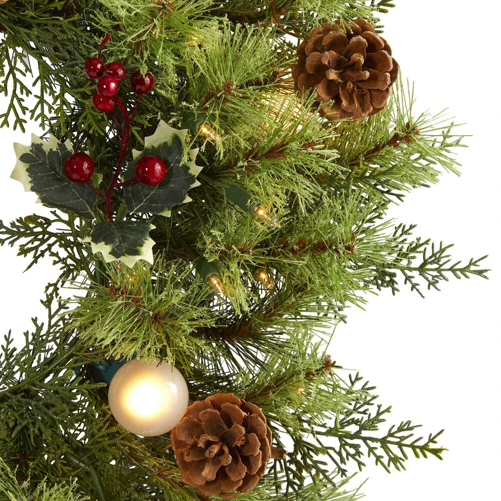 Nearly Natural, Inc. Nearly Natural Inc 24" Christmas Artificial Wreath With 50 White Warm Lights, 7 Globe Bulbs, Berries And Pine Cones 4 Nearly Natural, Inc. Nearly Natural Inc 24" Christmas Artificial Wreath With 50 White Warm Lights, 7 Globe Bulbs, Berries And Pine Cones - Image 2