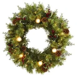 Nearly Natural, Inc. Nearly Natural Inc 24" Christmas Artificial Wreath With 50 White Warm Lights, 7 Globe Bulbs, Berries And Pine Cones 10 Nearly Natural, Inc. Nearly Natural Inc 24" Christmas Artificial Wreath With 50 White Warm Lights, 7 Globe Bulbs, Berries And Pine Cones -Home Decoration Series 58769977 3