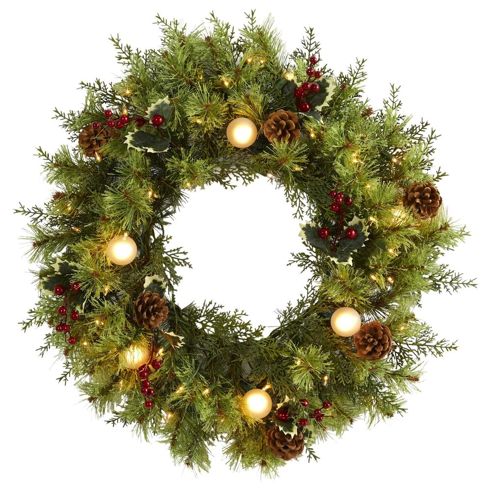 Nearly Natural, Inc. Nearly Natural Inc 24" Christmas Artificial Wreath With 50 White Warm Lights, 7 Globe Bulbs, Berries And Pine Cones 5 Nearly Natural, Inc. Nearly Natural Inc 24" Christmas Artificial Wreath With 50 White Warm Lights, 7 Globe Bulbs, Berries And Pine Cones - Image 3