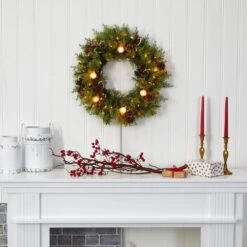 Nearly Natural, Inc. Nearly Natural Inc 24" Christmas Artificial Wreath With 50 White Warm Lights, 7 Globe Bulbs, Berries And Pine Cones 11 Nearly Natural, Inc. Nearly Natural Inc 24" Christmas Artificial Wreath With 50 White Warm Lights, 7 Globe Bulbs, Berries And Pine Cones -Home Decoration Series 58769977 4