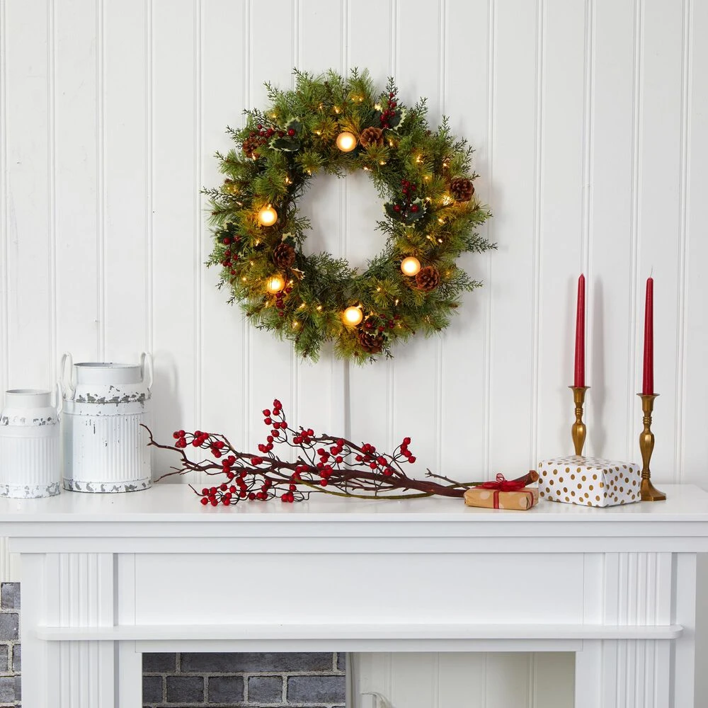 Nearly Natural, Inc. Nearly Natural Inc 24" Christmas Artificial Wreath With 50 White Warm Lights, 7 Globe Bulbs, Berries And Pine Cones 6 Nearly Natural, Inc. Nearly Natural Inc 24" Christmas Artificial Wreath With 50 White Warm Lights, 7 Globe Bulbs, Berries And Pine Cones - Image 4