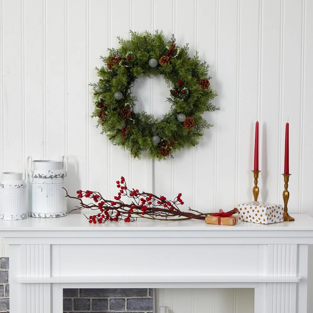 Nearly Natural, Inc. Nearly Natural Inc 24" Christmas Artificial Wreath With 50 White Warm Lights, 7 Globe Bulbs, Berries And Pine Cones 7 Nearly Natural, Inc. Nearly Natural Inc 24" Christmas Artificial Wreath With 50 White Warm Lights, 7 Globe Bulbs, Berries And Pine Cones - Image 5
