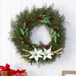 Nearly Natural, Inc. Nearly Natural Inc 20" Cedar, Antlers, Lily And Ruscus With Berries Artificial Wreath