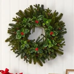 Nearly Natural, Inc. Nearly Natural Inc 22" Pine, Pinecone And Variegated Holly Leaf Artificial Wreath