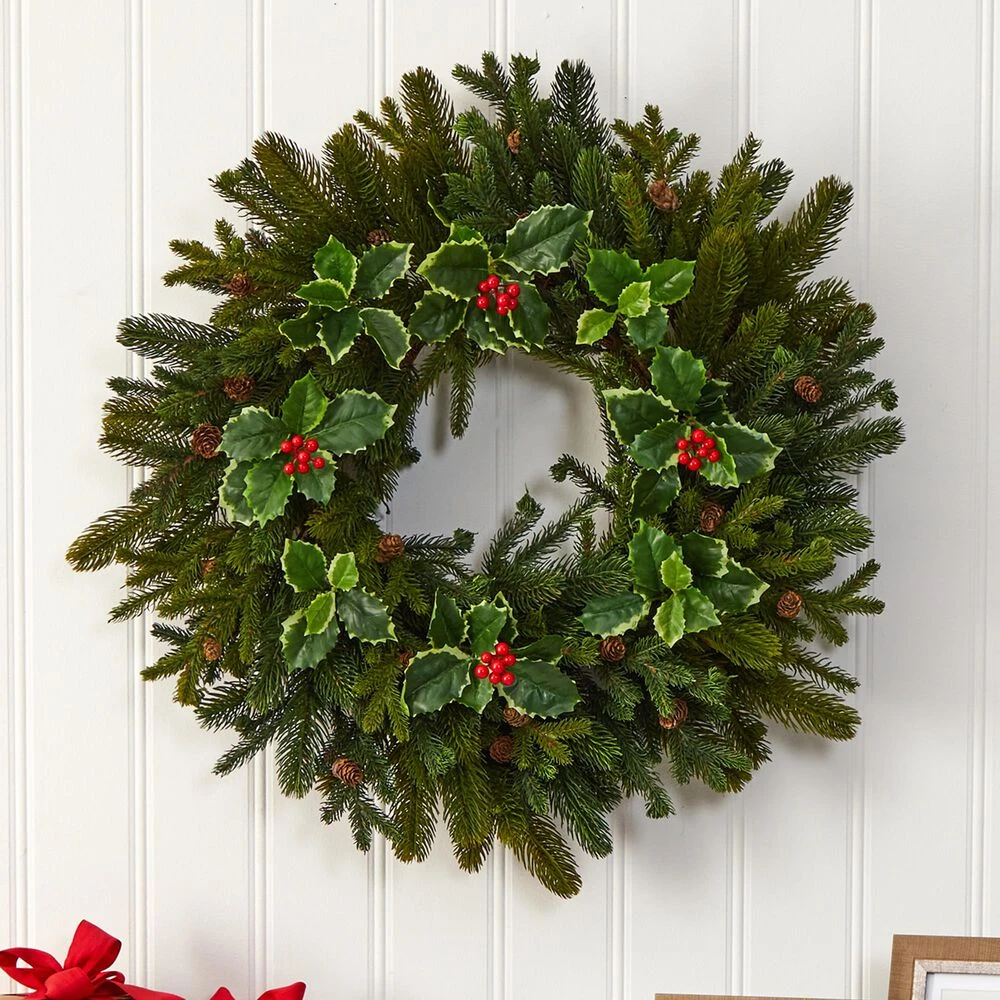 Nearly Natural, Inc. Nearly Natural Inc 22" Pine, Pinecone And Variegated Holly Leaf Artificial Wreath 3 Nearly Natural, Inc. Nearly Natural Inc 22" Pine, Pinecone And Variegated Holly Leaf Artificial Wreath