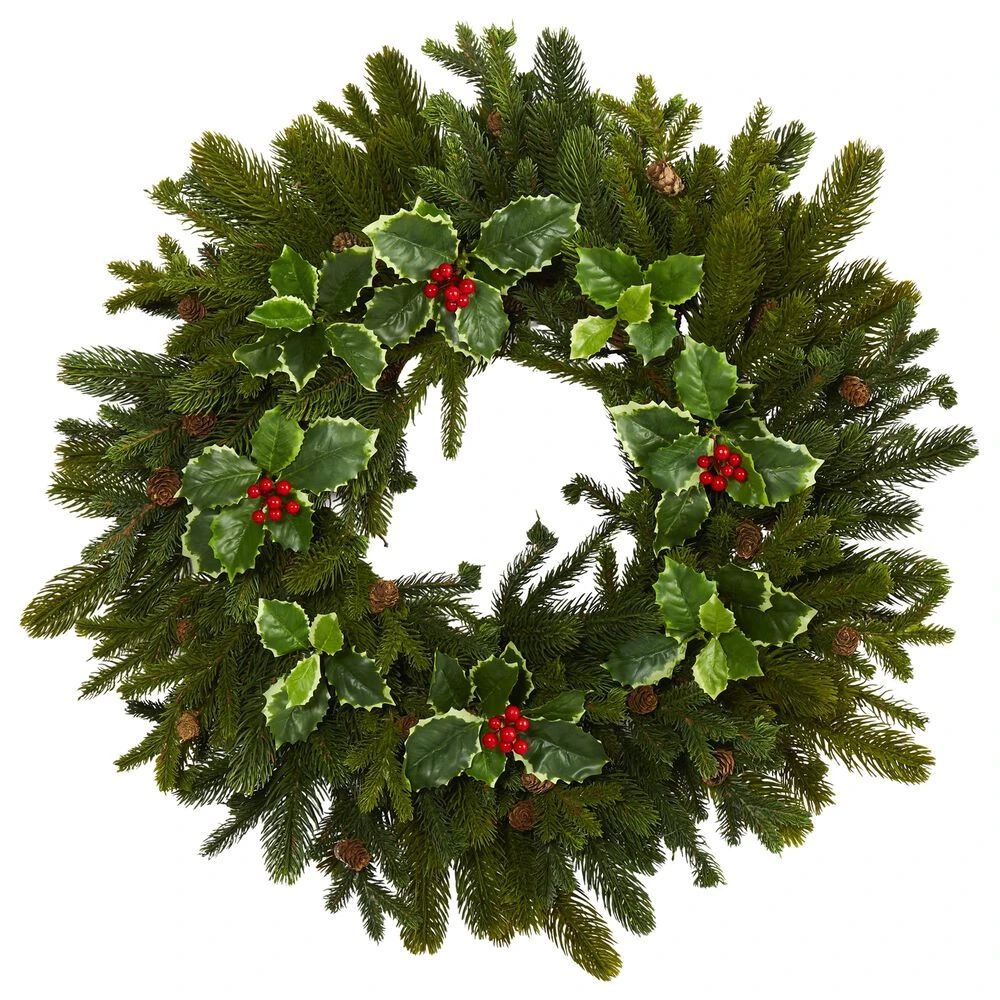 Nearly Natural, Inc. Nearly Natural Inc 22" Pine, Pinecone And Variegated Holly Leaf Artificial Wreath 4 Nearly Natural, Inc. Nearly Natural Inc 22" Pine, Pinecone And Variegated Holly Leaf Artificial Wreath - Image 2