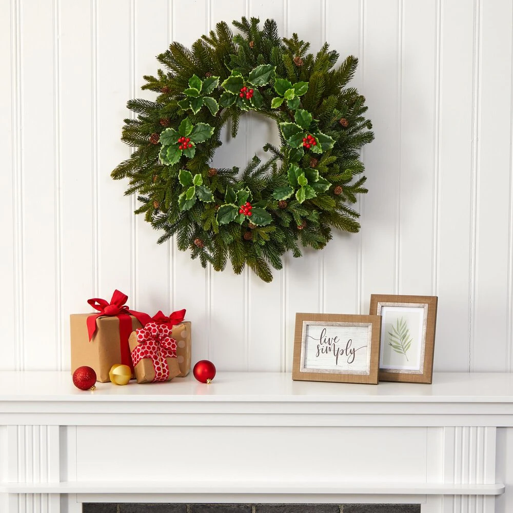 Nearly Natural, Inc. Nearly Natural Inc 22" Pine, Pinecone And Variegated Holly Leaf Artificial Wreath 5 Nearly Natural, Inc. Nearly Natural Inc 22" Pine, Pinecone And Variegated Holly Leaf Artificial Wreath - Image 3