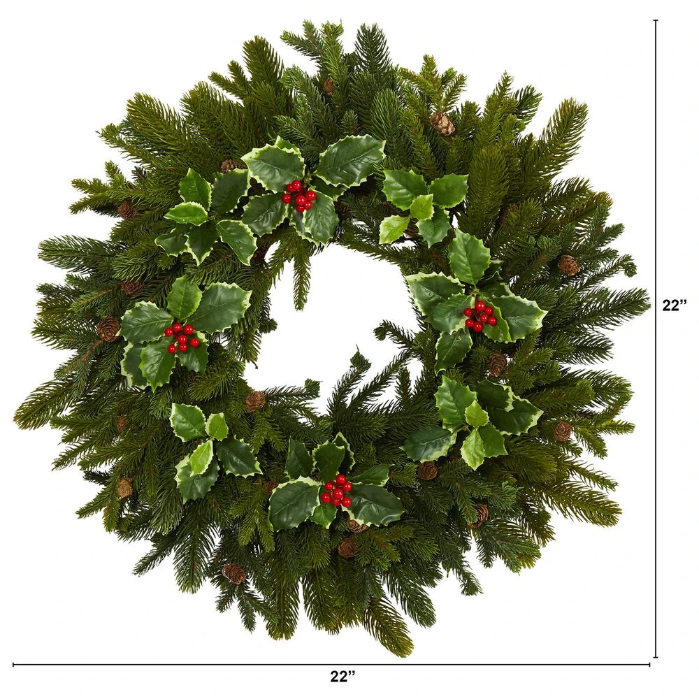 Nearly Natural, Inc. Nearly Natural Inc 22" Pine, Pinecone And Variegated Holly Leaf Artificial Wreath 6 Nearly Natural, Inc. Nearly Natural Inc 22" Pine, Pinecone And Variegated Holly Leaf Artificial Wreath - Image 4