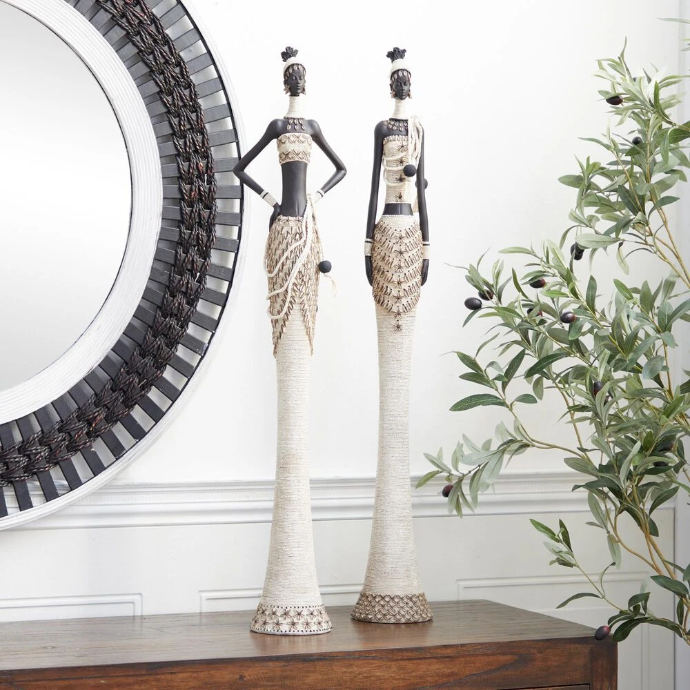 Maple And Jade 31" African Women Sculpture In Ebony Black And Eggshell White (Set Of 2) 4 Maple And Jade 31" African Women Sculpture In Ebony Black And Eggshell White (Set Of 2) - Image 2
