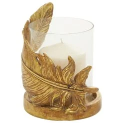 Maple And Jade 7.5" Feather Candle Holder In Gold -Home Decoration Series 60231909 7