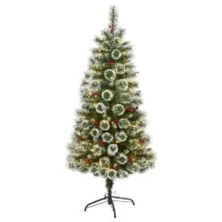 Nearly Natural, Inc. Nearly Natural Inc 5' Frosted Swiss Pine Artificial Christmas Tree With White LED Lights And Berries