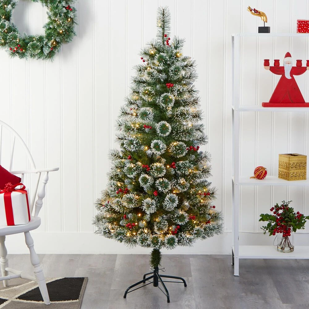 Nearly Natural, Inc. Nearly Natural Inc 5' Frosted Swiss Pine Artificial Christmas Tree With White LED Lights And Berries 4 Nearly Natural, Inc. Nearly Natural Inc 5' Frosted Swiss Pine Artificial Christmas Tree With White LED Lights And Berries - Image 2