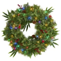 Nearly Natural, Inc. Nearly Natural Inc 24" Mixed Pine Artificial Christmas Wreath With Multicolored LED Lights, Berries And Pine Cones