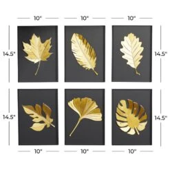 Maple And Jade 15" X 10" Leaves Wall Decor In Matte Black And Gold (Set Of 6) -Home Decoration Series 61584421 6