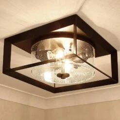 Golden Lighting Smyth 2-Light Outdoor Flush Mount With Seeded Glass Shade In Natural Black -Home Decoration Series 61698650 2