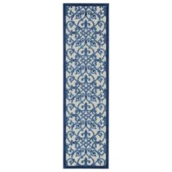 Nourison Aloha Damask 2' X 6' Grey And Blue Indoor/Outdoor Runner