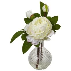 Nearly Natural, Inc. Nearly Natural Inc 11" Peony With Vase In White And Green (Set Of 2) -Home Decoration Series 63011019 2