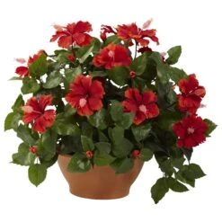 Nearly Natural, Inc. Nearly Natural Inc Hibiscus With Clay Planter In Green And Red