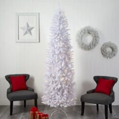 Nearly Natural, Inc. Nearly Natural Inc 8' Pencil Christmas Tree With 400 White LED Lights In White -Home Decoration Series 63078554 2