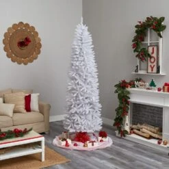 Nearly Natural, Inc. Nearly Natural Inc 8' Pencil Christmas Tree With 400 White LED Lights In White -Home Decoration Series 63078554 8