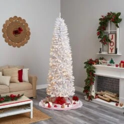 Nearly Natural, Inc. Nearly Natural Inc 8' Pencil Christmas Tree With 400 White LED Lights In White -Home Decoration Series 63078554 9
