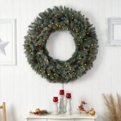 Nearly Natural, Inc. Nearly Natural Inc 4' Christmas Wreath With 150 White LED Lights And Pinecones In Green -Home Decoration Series 63079479 4
