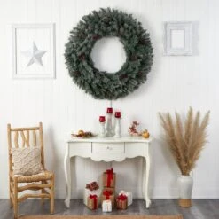 Nearly Natural, Inc. Nearly Natural Inc 4' Christmas Wreath With 150 White LED Lights And Pinecones In Green -Home Decoration Series 63079479 5