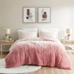Hampton Park Brielle Ombre 2-Piece Twin/Twin XL Shaggy Long Fur Comforter Mini Set In Blush -Home Decoration Series 63220271 5