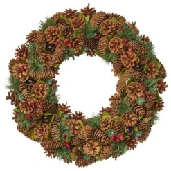 Noble House 18.5" Pine Cone And Glitter Artificial Christmas Wreath In Natural And Green