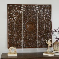 Maple And Jade 48" X 16" Bohemian Carved Floral Wall Decor In Brown (Set Of 3) -Home Decoration Series 64004286 8