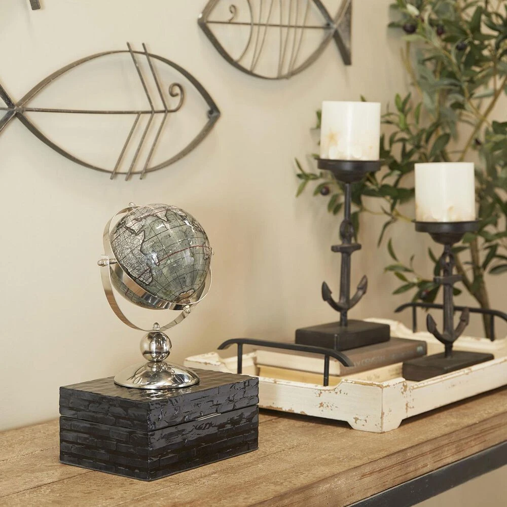 Maple And Jade 9" Stainless Steel Globe In Silver, Blue And Green 4 Maple And Jade 9" Stainless Steel Globe In Silver, Blue And Green - Image 2