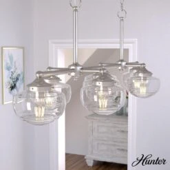 Hunter Saddle Creek 7-Light Linear Chandelier With Seeded Shade In Brushed Nickel -Home Decoration Series 64209604 2
