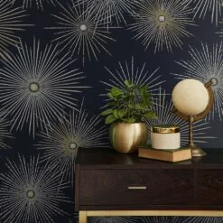 NextWall Starburst Geo 216" X 20.5" Peel And Stick Wallpaper In Midnight And Gold -Home Decoration Series 64282676 5