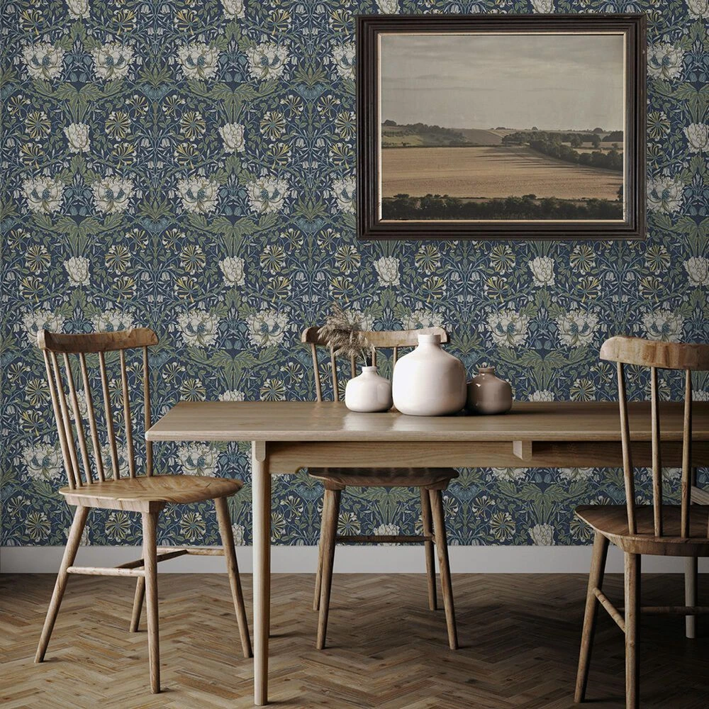 NextWall Ogee Flora 216" X 20.9" Peel And Stick Wallpaper In Indigo Dye And Sage 5 NextWall Ogee Flora 216" X 20.9" Peel And Stick Wallpaper In Indigo Dye And Sage - Image 3