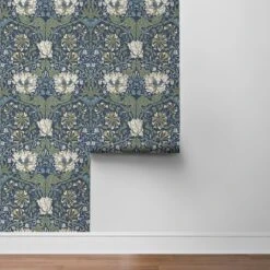 NextWall Ogee Flora 216" X 20.9" Peel And Stick Wallpaper In Indigo Dye And Sage 14 NextWall Ogee Flora 216" X 20.9" Peel And Stick Wallpaper In Indigo Dye And Sage -Home Decoration Series 64284151 6