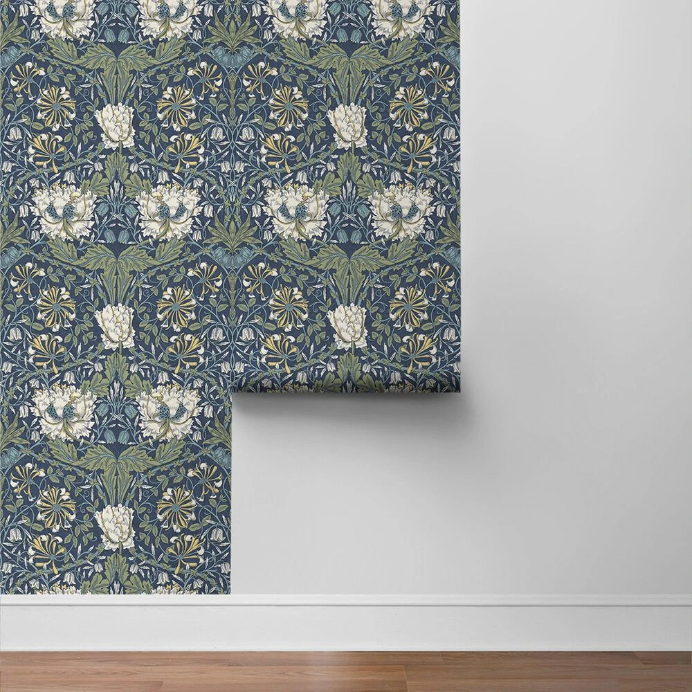 NextWall Ogee Flora 216" X 20.9" Peel And Stick Wallpaper In Indigo Dye And Sage 8 NextWall Ogee Flora 216" X 20.9" Peel And Stick Wallpaper In Indigo Dye And Sage - Image 6
