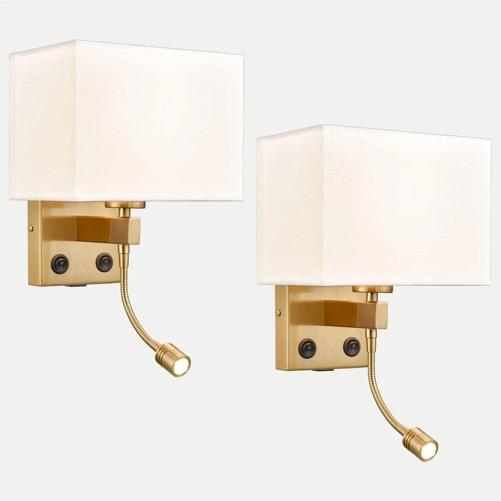 Claxy Fabric Wall Lamp With USB Charging Port In Brass (Set Of 2) 3 Claxy Fabric Wall Lamp With USB Charging Port In Brass (Set Of 2)